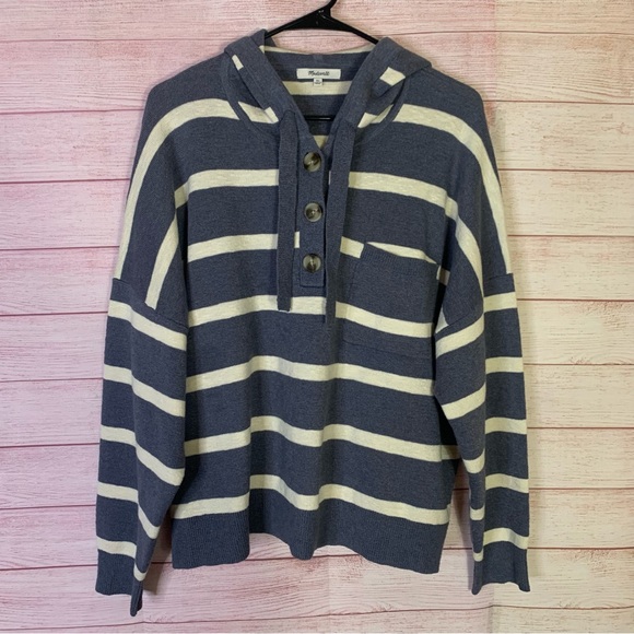 Madewell Tops - Madewell Striped Olney Henley Hoodie Sweater Size XL
